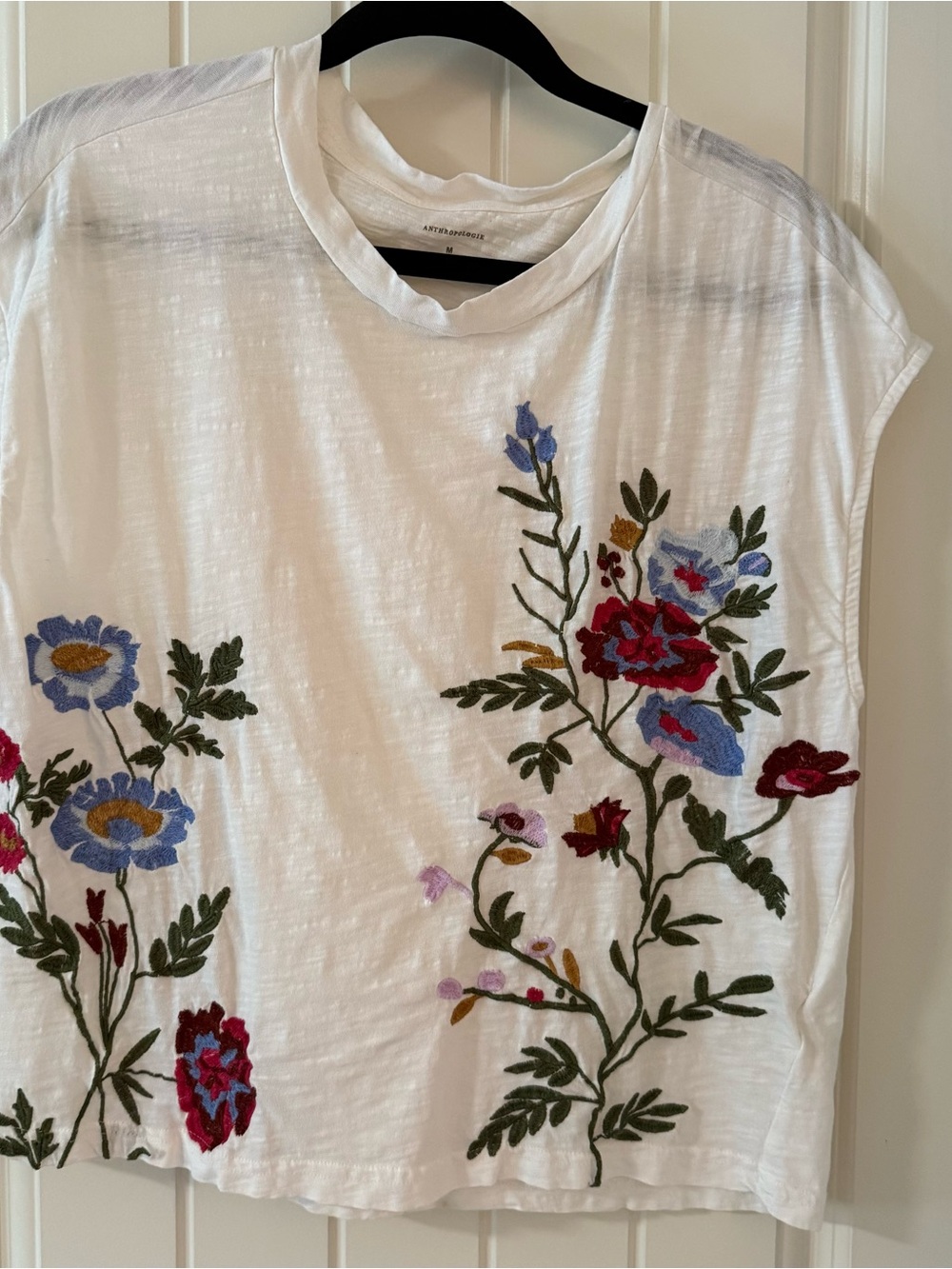 Anthropologie White Tee with Multicolor Floral Embroidery